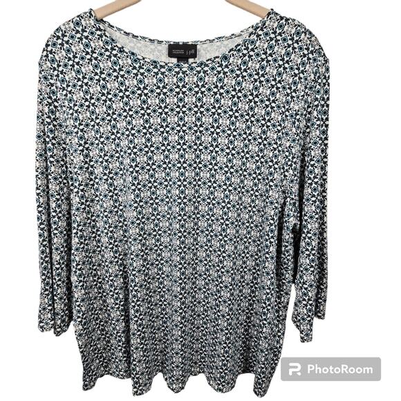 J. Jill Wearever Collection Teal Blue Geometric Print Blouse Size L - Picture 1 of 9